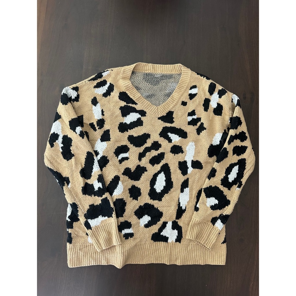 H&M Divided Womens Tan Leopard Print V-Neck Knit Sweater Size XS